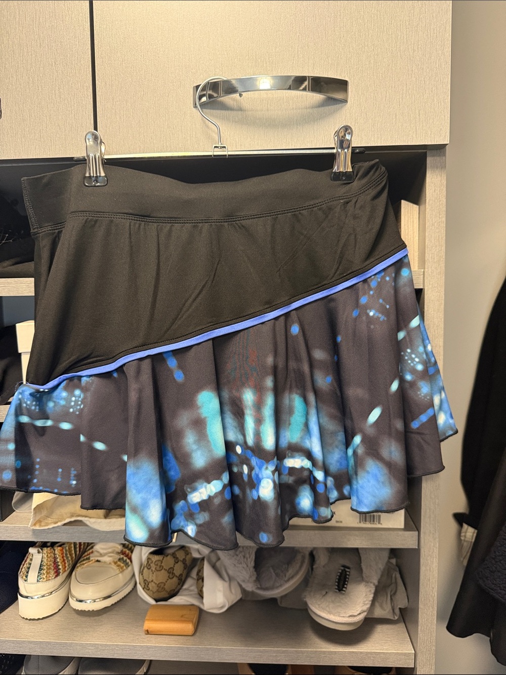 Black and Blue Patterned Circle Skirt with Contrast Trim